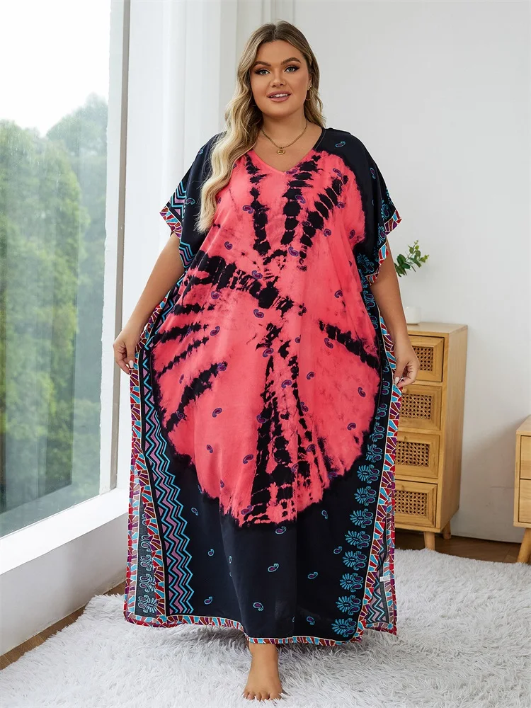 2024 Bohemian Multicolor V Neck Loose Kaftan Dress For Women Summer Casual Plus Size Batwing Sleeve Vacation Long Dress Q1464