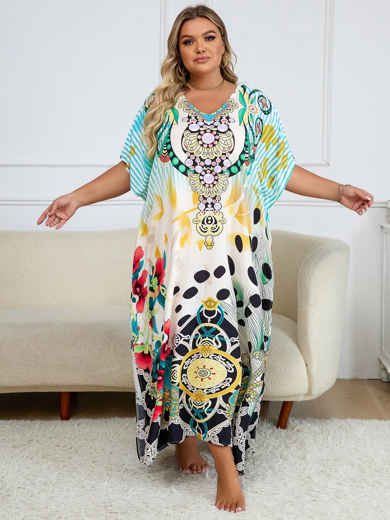 2024 Bohemian Multicolor V Neck Loose Kaftan Dress For Women Summer Casual Plus Size Batwing Sleeve Vacation Long Dress Q1464