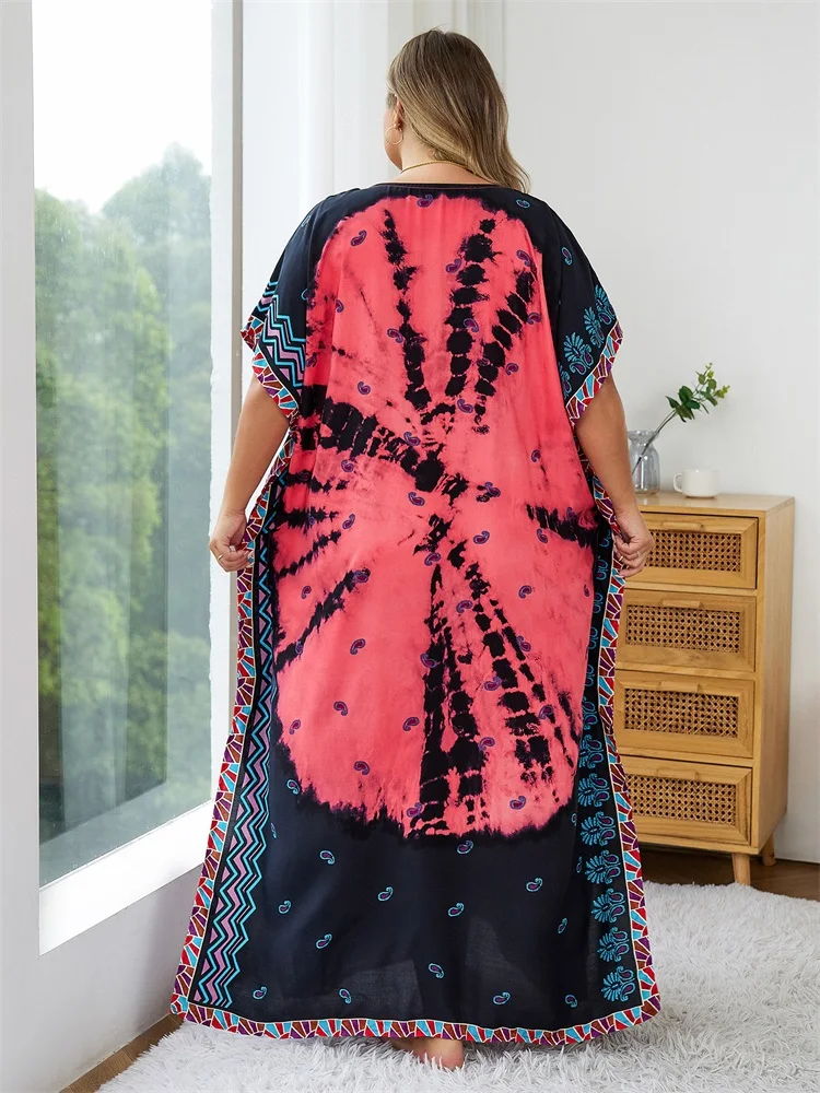 2024 Bohemian Multicolor V Neck Loose Kaftan Dress For Women Summer Casual Plus Size Batwing Sleeve Vacation Long Dress Q1464