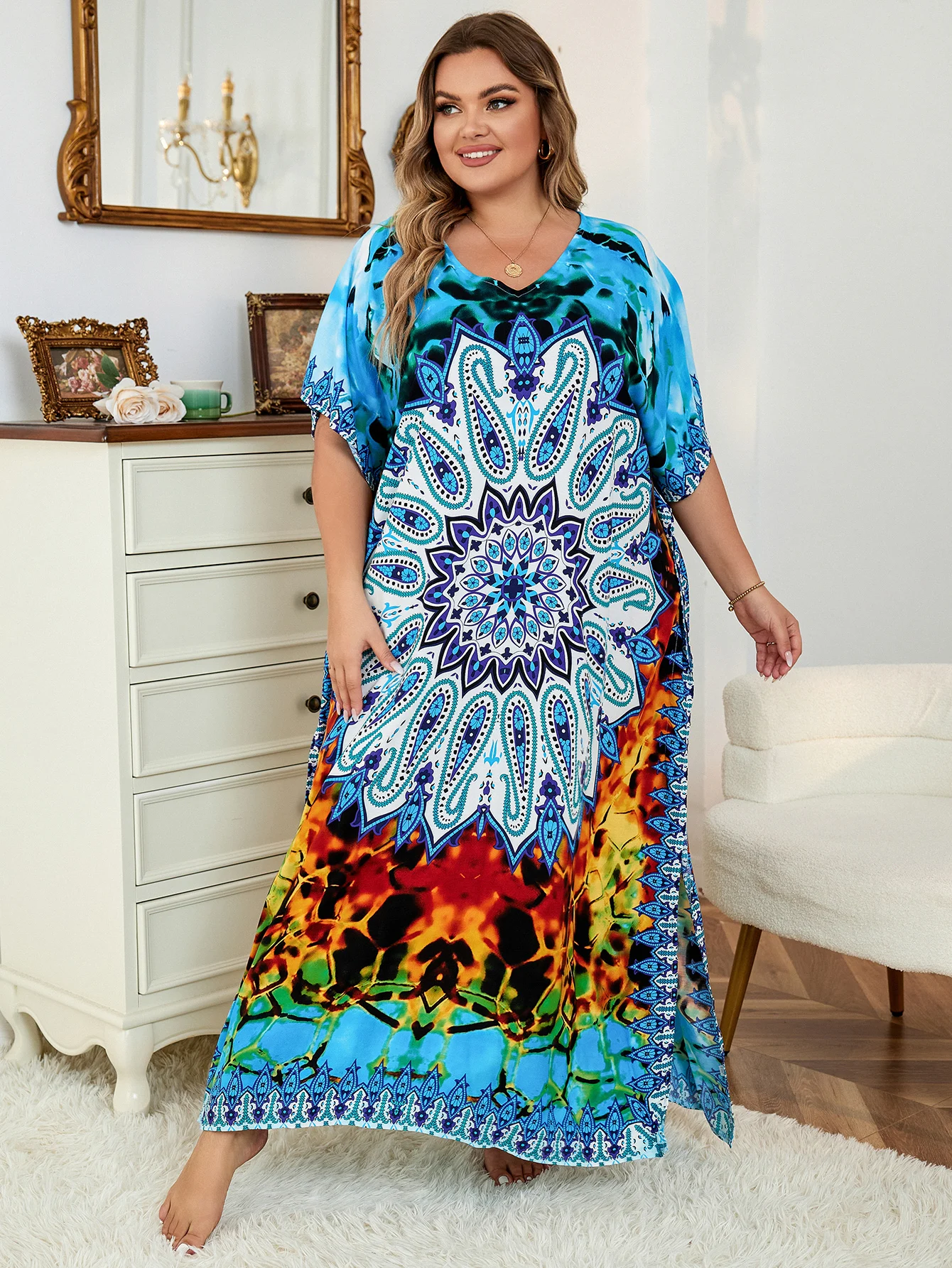 2024 Bohemian Multicolor V Neck Loose Kaftan Dress For Women Summer Casual Plus Size Batwing Sleeve Vacation Long Dress Q1464