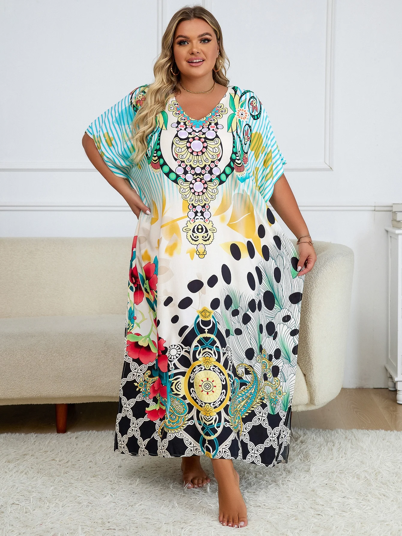 2024 Bohemian Multicolor V Neck Loose Kaftan Dress For Women Summer Casual Plus Size Batwing Sleeve Vacation Long Dress Q1464