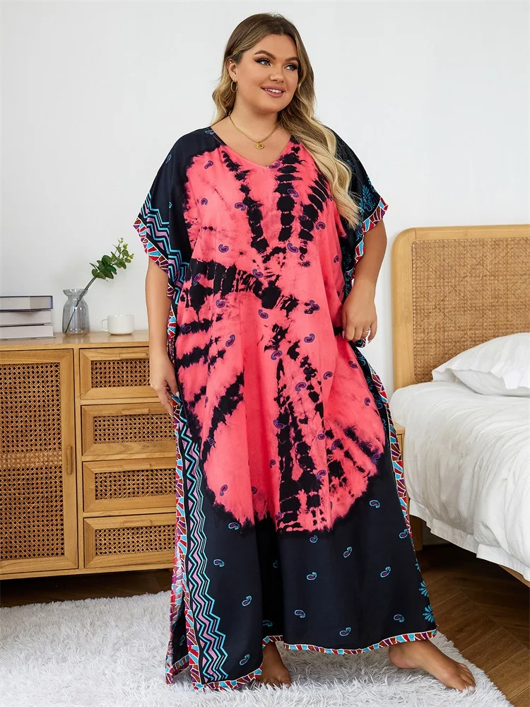 2024 Bohemian Multicolor V Neck Loose Kaftan Dress For Women Summer Casual Plus Size Batwing Sleeve Vacation Long Dress Q1464