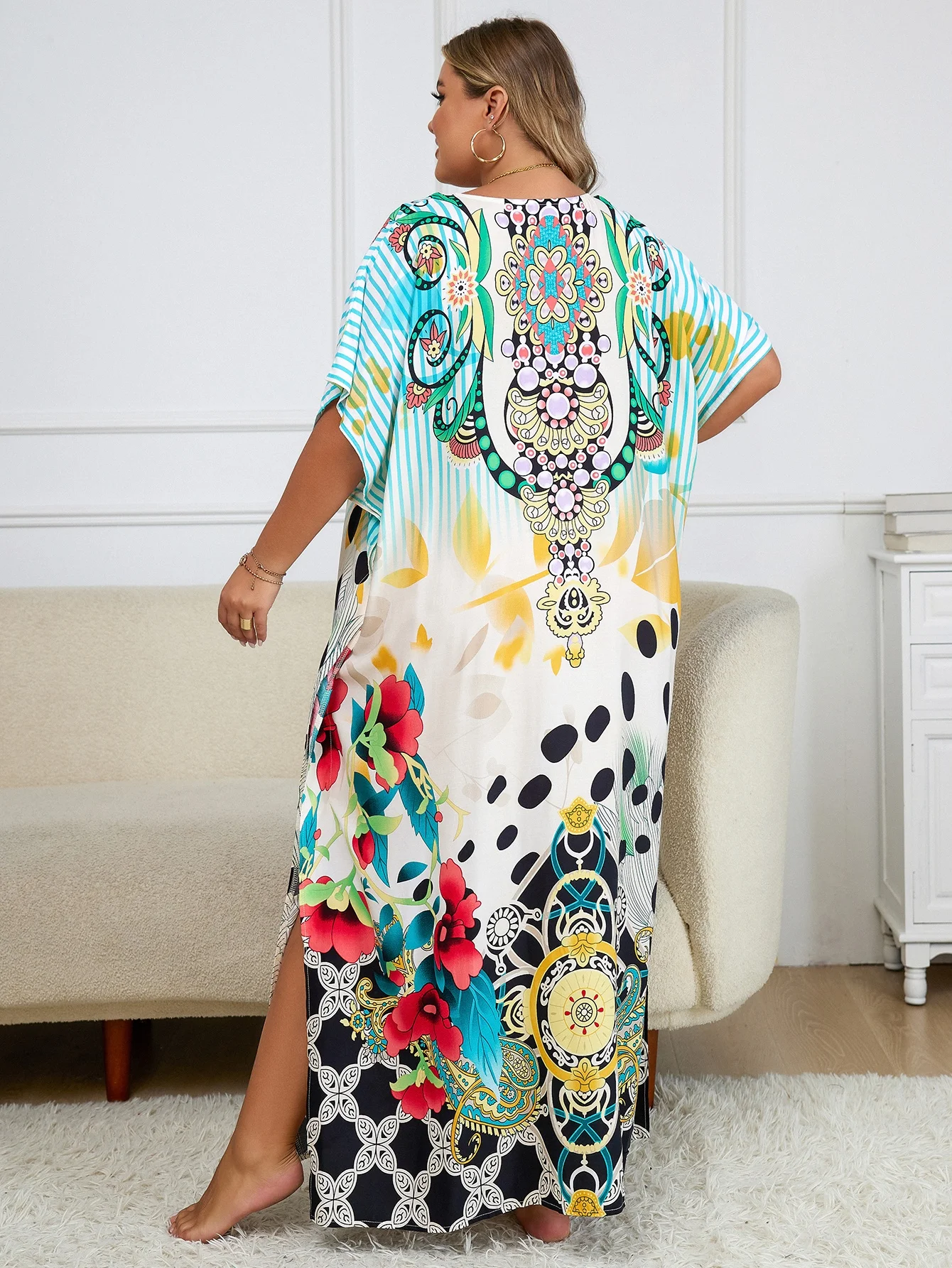 2024 Bohemian Multicolor V Neck Loose Kaftan Dress For Women Summer Casual Plus Size Batwing Sleeve Vacation Long Dress Q1464