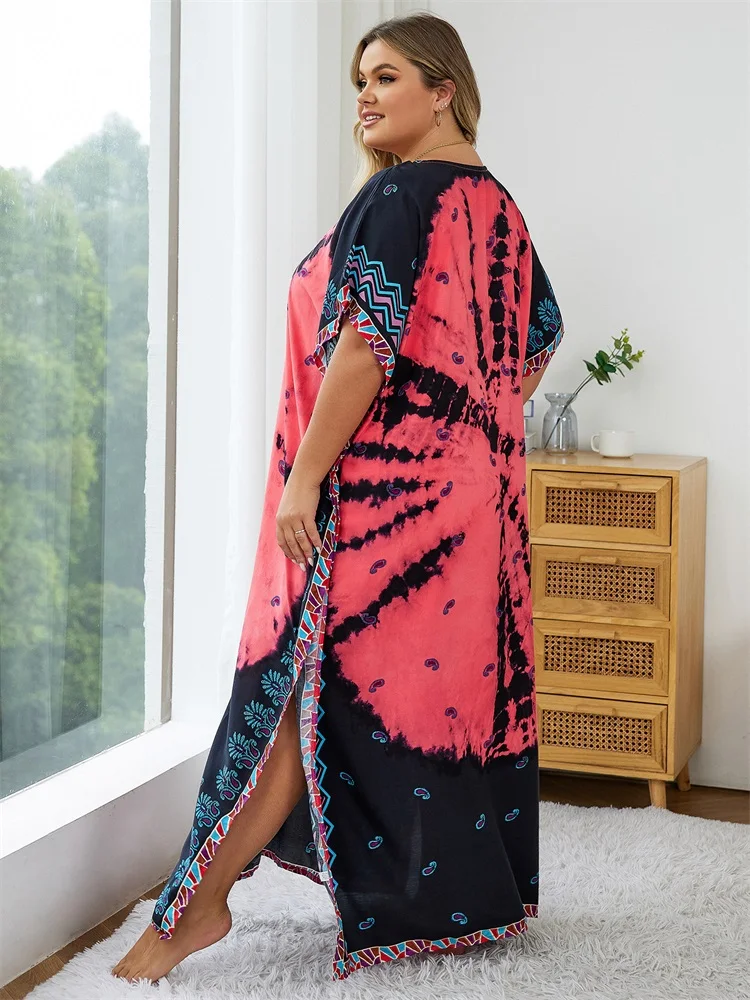 2024 Bohemian Multicolor V Neck Loose Kaftan Dress For Women Summer Casual Plus Size Batwing Sleeve Vacation Long Dress Q1464