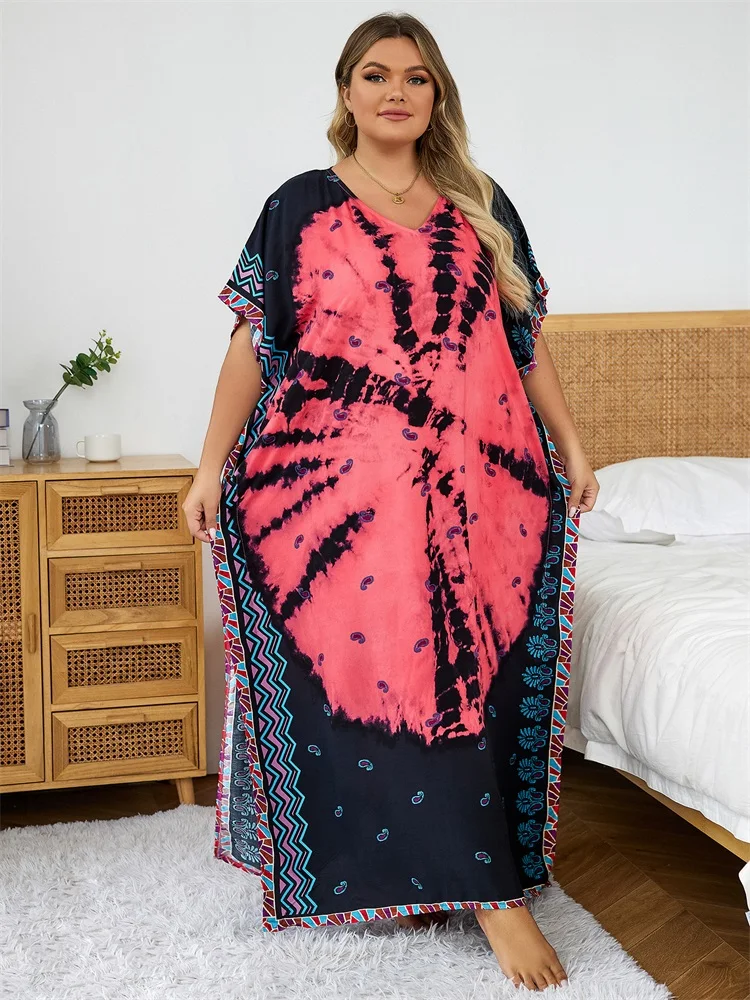 2024 Bohemian Multicolor V Neck Loose Kaftan Dress For Women Summer Casual Plus Size Batwing Sleeve Vacation Long Dress Q1464