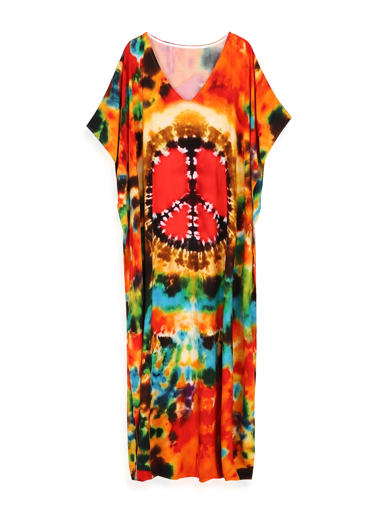 2024 Bohemian Multicolor V Neck Loose Kaftan Dress For Women Summer Casual Plus Size Batwing Sleeve Vacation Long Dress Q1464