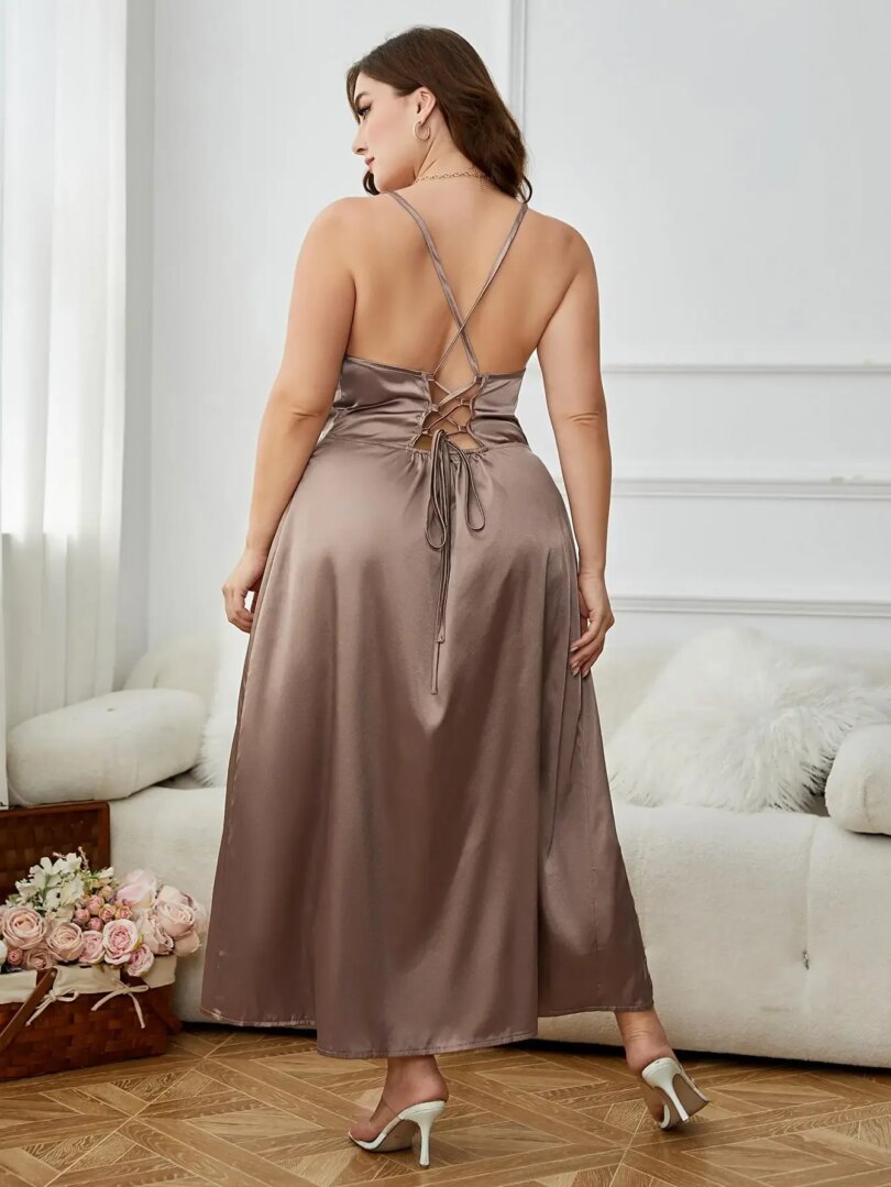 Plus Size Women's Sleeveless Criss Cross Backless Side Split Strappy Party Maxi Dresses Satin Sling Cowl Neck Solid Cami Robe