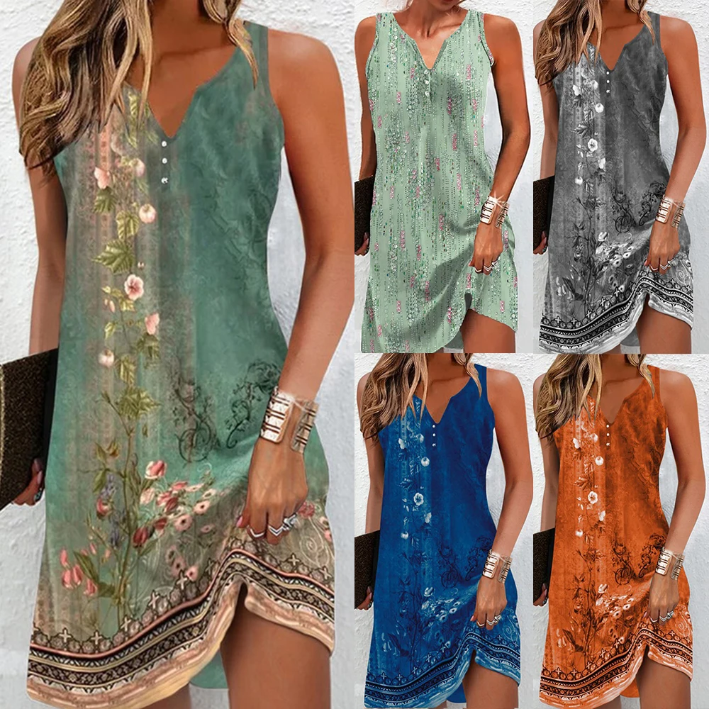 Women's Spring Summer Floral Beach Tank Dress Ladies Boho Holiday Button Casual Sundress Plus Size Daily Fashion Clothing 2024