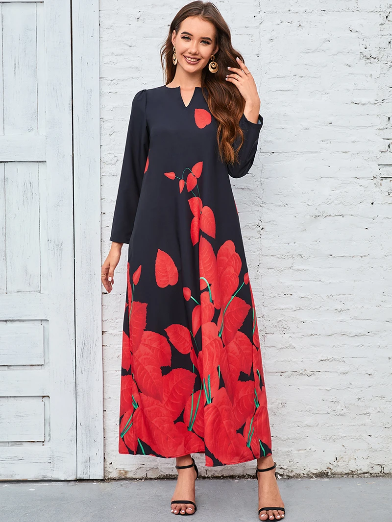 2023 New Plus Size Women Dress Autumn Winter Floral Printed Maxi Dresses Casual V Neck Full Sleeve Boho Beach Party Long Dress