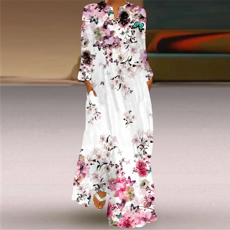 2023 New Plus Size Women Dress Autumn Winter Floral Printed Maxi Dresses Casual V Neck Full Sleeve Boho Beach Party Long Dress