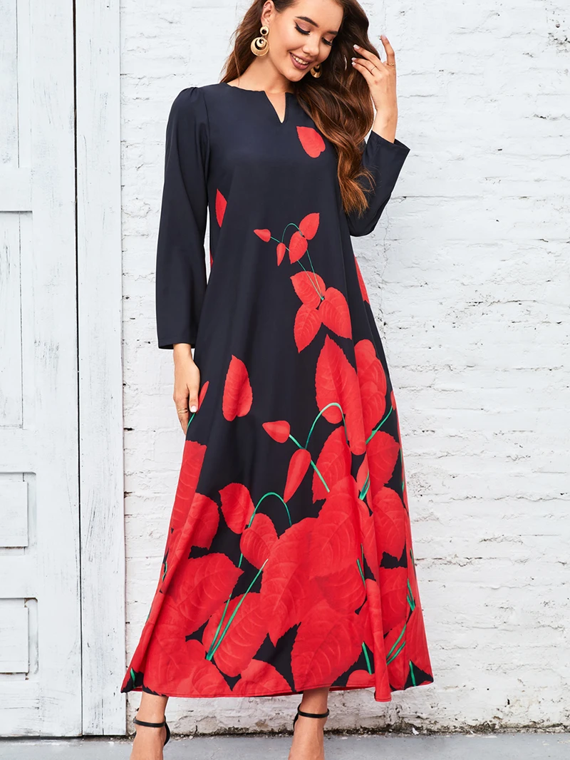 2023 New Plus Size Women Dress Autumn Winter Floral Printed Maxi Dresses Casual V Neck Full Sleeve Boho Beach Party Long Dress