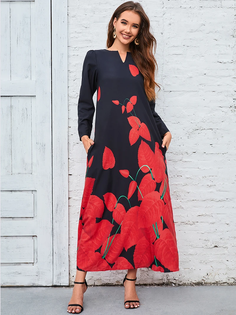 2023 New Plus Size Women Dress Autumn Winter Floral Printed Maxi Dresses Casual V Neck Full Sleeve Boho Beach Party Long Dress