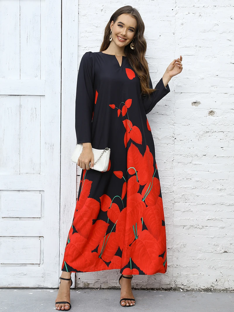 2023 New Plus Size Women Dress Autumn Winter Floral Printed Maxi Dresses Casual V Neck Full Sleeve Boho Beach Party Long Dress