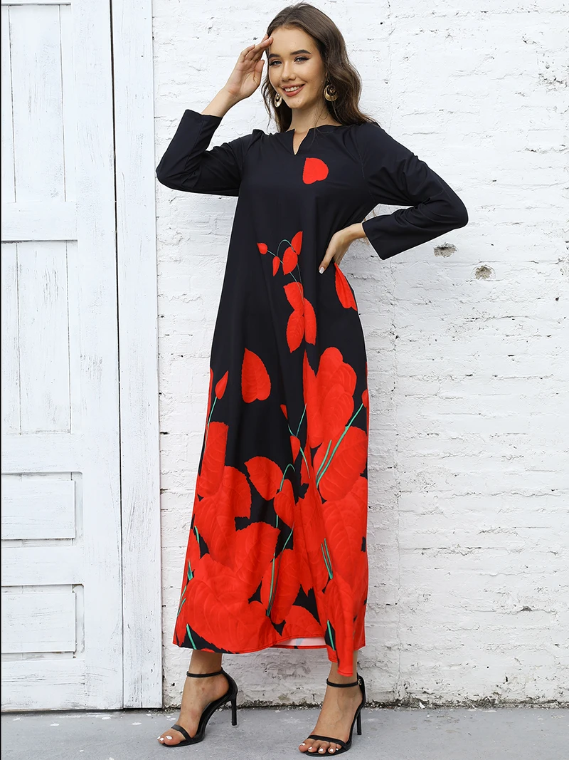 2023 New Plus Size Women Dress Autumn Winter Floral Printed Maxi Dresses Casual V Neck Full Sleeve Boho Beach Party Long Dress