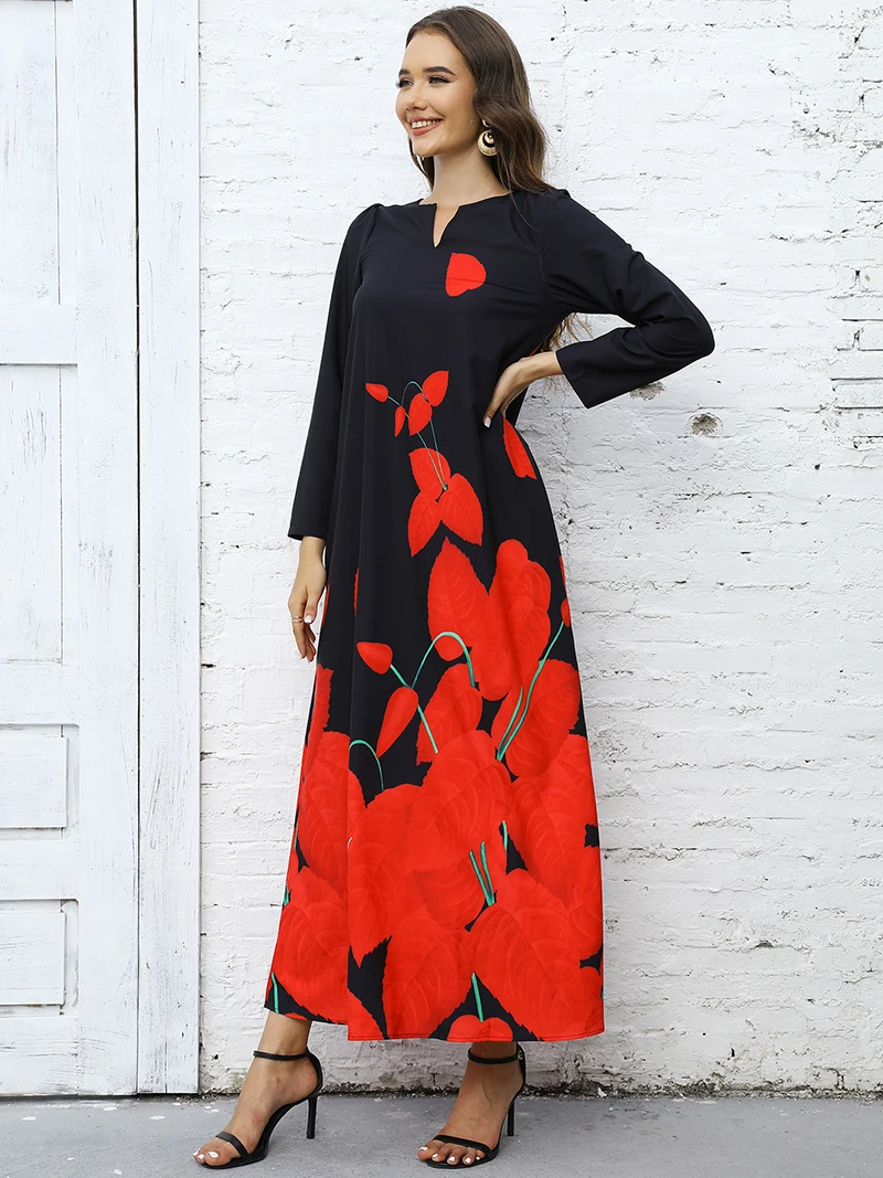 2023 New Plus Size Women Dress Autumn Winter Floral Printed Maxi Dresses Casual V Neck Full Sleeve Boho Beach Party Long Dress