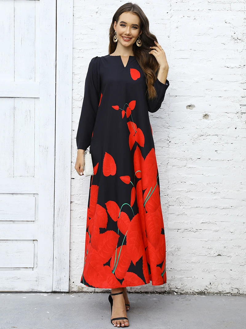 2023 New Plus Size Women Dress Autumn Winter Floral Printed Maxi Dresses Casual V Neck Full Sleeve Boho Beach Party Long Dress