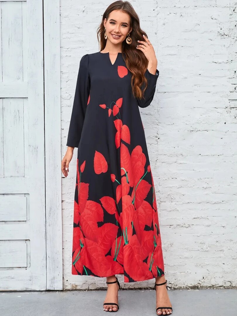 2023 New Plus Size Women Dress Autumn Winter Floral Printed Maxi Dresses Casual V Neck Full Sleeve Boho Beach Party Long Dress - Image 4