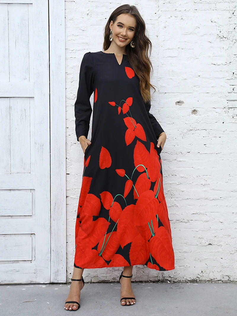 2023 New Plus Size Women Dress Autumn Winter Floral Printed Maxi Dresses Casual V Neck Full Sleeve Boho Beach Party Long Dress