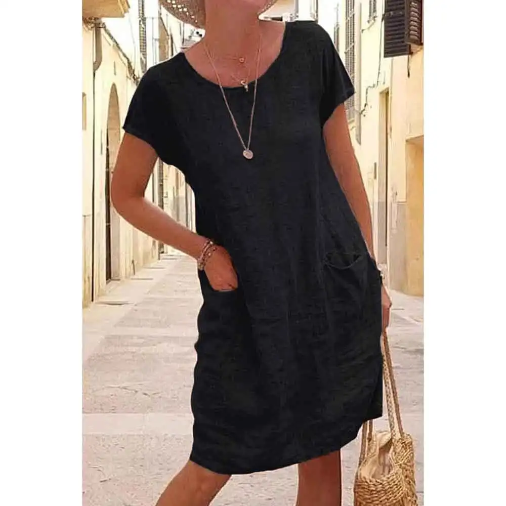 Vintage Women Plus Size Cotton Linen Dress Summer Solid Short Sleeve O-Neck A-Line Pockets Dress Ladies Casual Holiday Vestidos