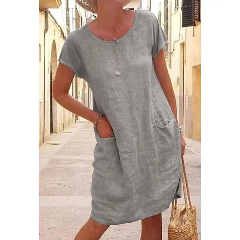 Vintage Women Plus Size Cotton Linen Dress Summer Solid Short Sleeve O-Neck A-Line Pockets Dress Ladies Casual Holiday Vestidos - Image 3