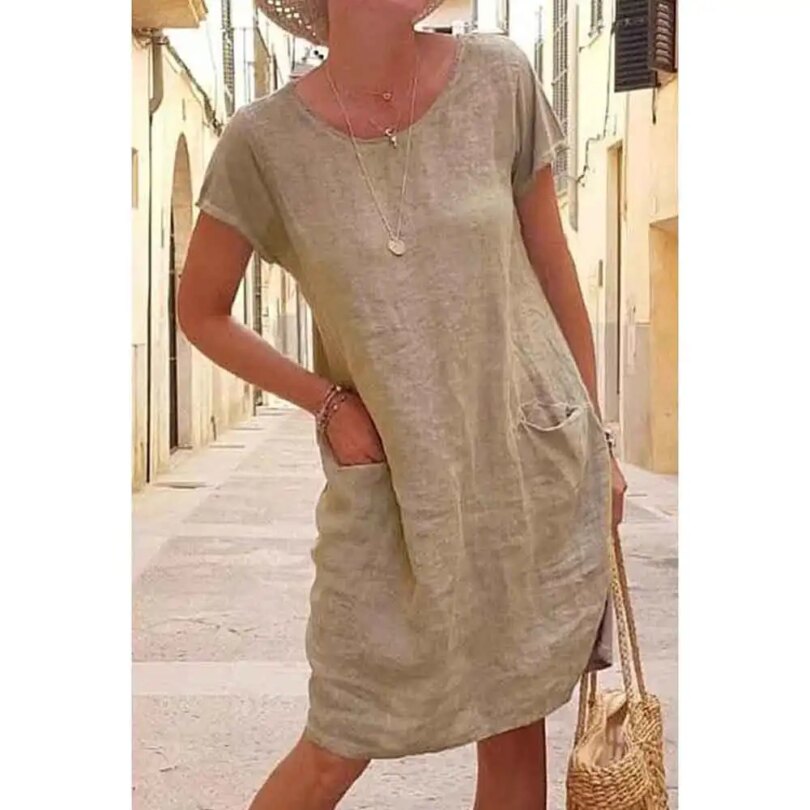 Vintage Women Plus Size Cotton Linen Dress Summer Solid Short Sleeve O-Neck A-Line Pockets Dress Ladies Casual Holiday Vestidos - Image 2