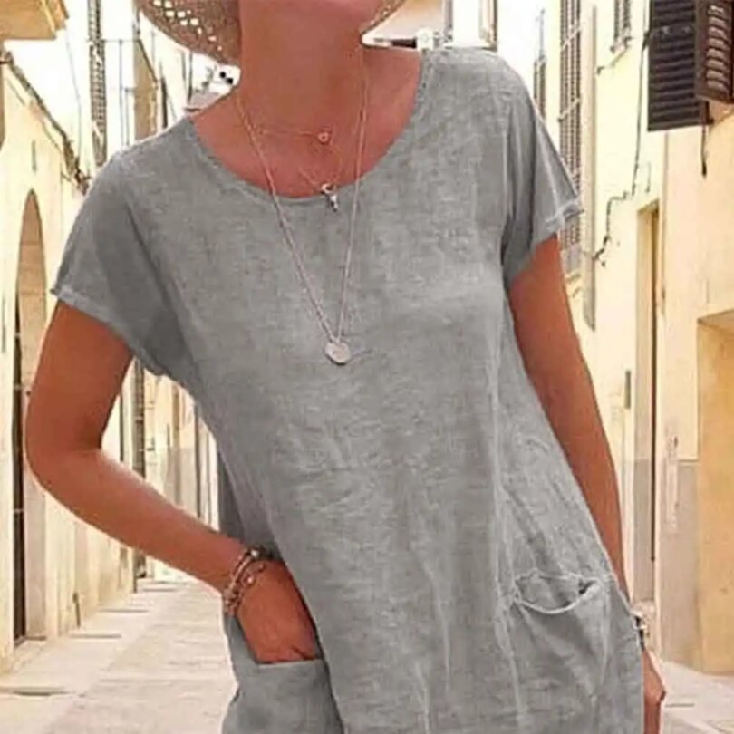 Vintage Women Plus Size Cotton Linen Dress Summer Solid Short Sleeve O-Neck A-Line Pockets Dress Ladies Casual Holiday Vestidos - Image 5