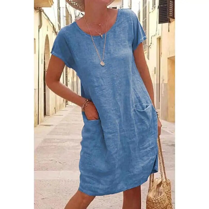 Vintage Women Plus Size Cotton Linen Dress Summer Solid Short Sleeve O-Neck A-Line Pockets Dress Ladies Casual Holiday Vestidos