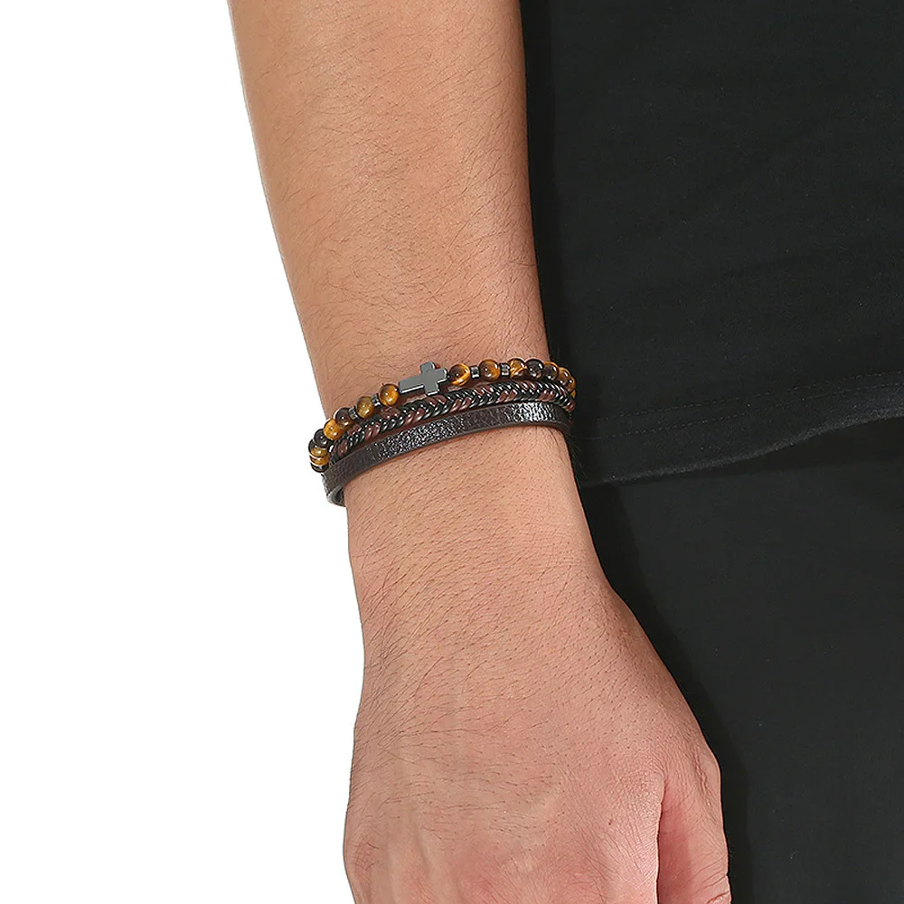 Hot Fashion Beads Leather Bracelet Men Classic Tiger Eye Beaded Multi Layer Leather Bracelet For Men Jewelry 2023 Gift