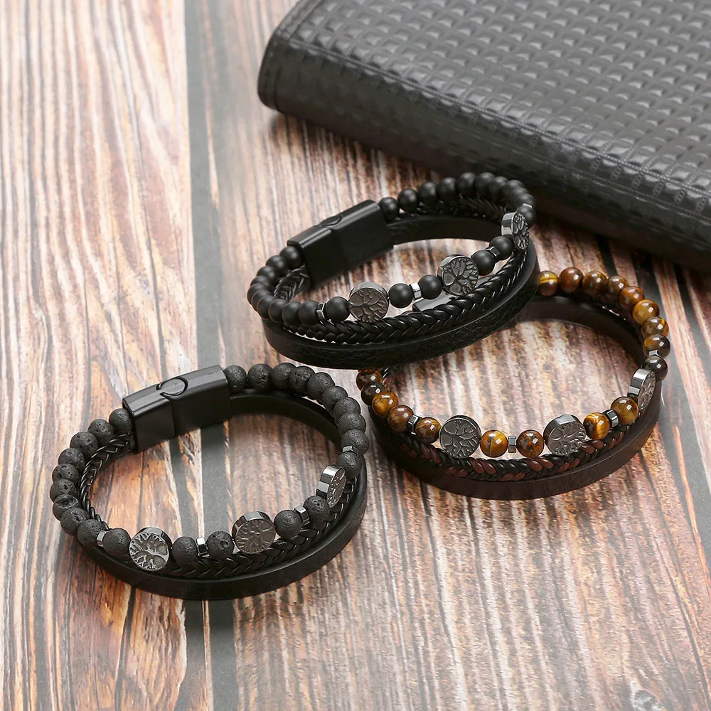 Hot Fashion Beads Leather Bracelet Men Classic Tiger Eye Beaded Multi Layer Leather Bracelet For Men Jewelry 2023 Gift