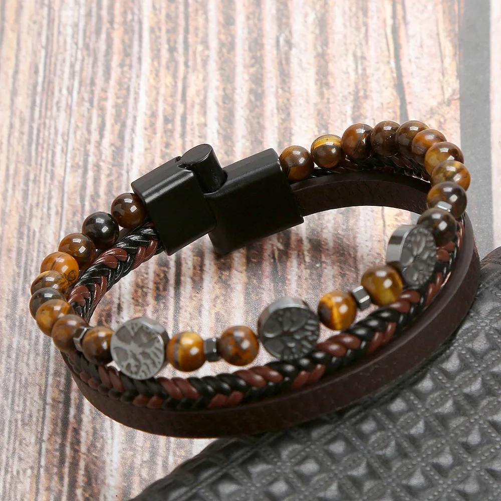 Hot Fashion Beads Leather Bracelet Men Classic Tiger Eye Beaded Multi Layer Leather Bracelet For Men Jewelry 2023 Gift