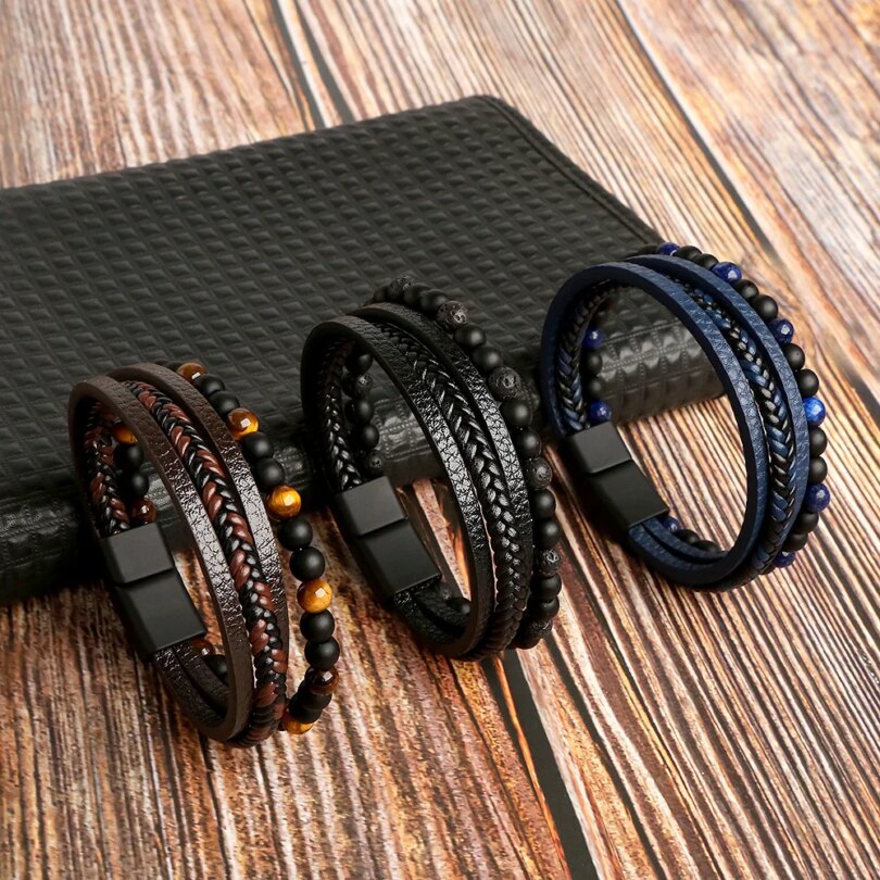 Hot Fashion Beads Leather Bracelet Men Classic Tiger Eye Beaded Multi Layer Leather Bracelet For Men Jewelry 2023 Gift - Image 2