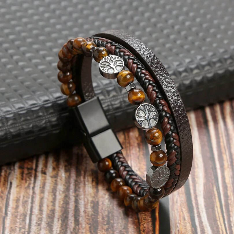 Hot Fashion Beads Leather Bracelet Men Classic Tiger Eye Beaded Multi Layer Leather Bracelet For Men Jewelry 2023 Gift - Image 4