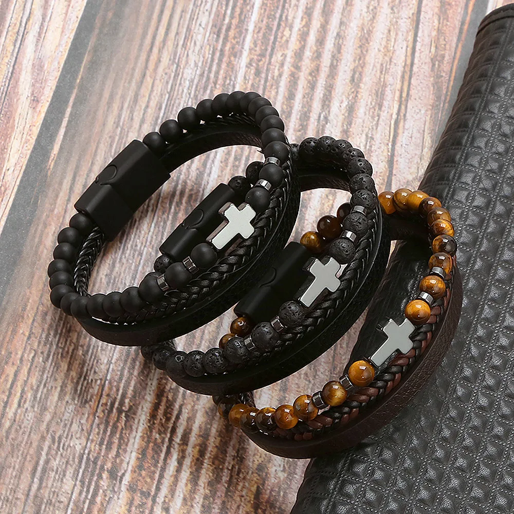 Hot Fashion Beads Leather Bracelet Men Classic Tiger Eye Beaded Multi Layer Leather Bracelet For Men Jewelry 2023 Gift