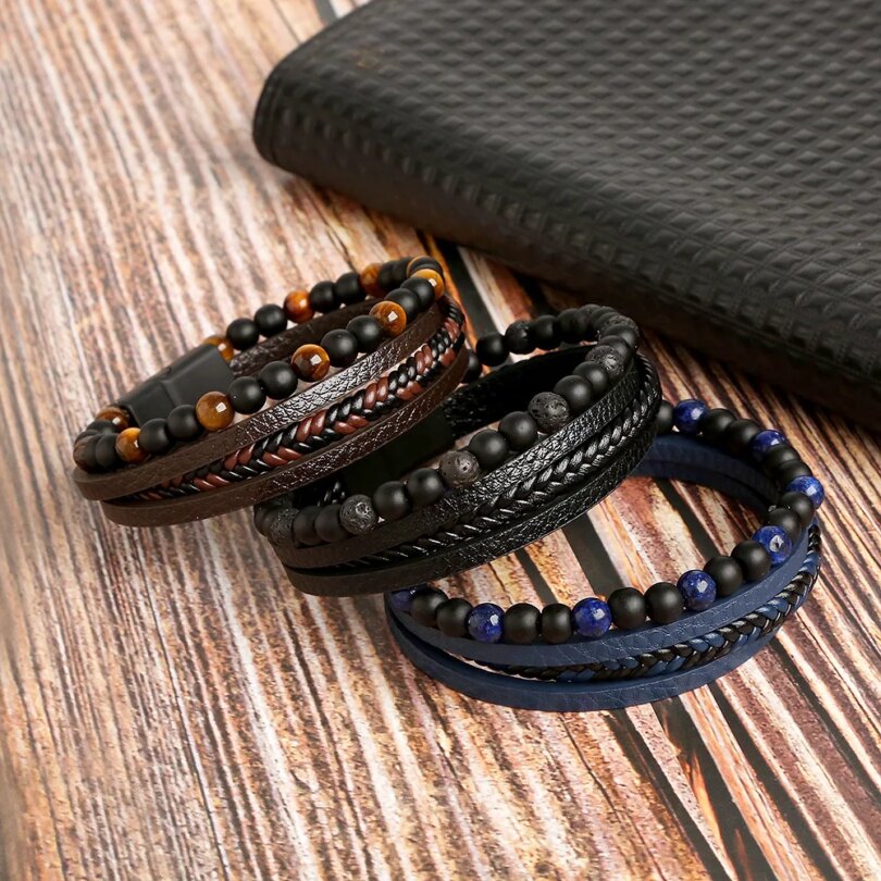 Hot Fashion Beads Leather Bracelet Men Classic Tiger Eye Beaded Multi Layer Leather Bracelet For Men Jewelry 2023 Gift - Image 6