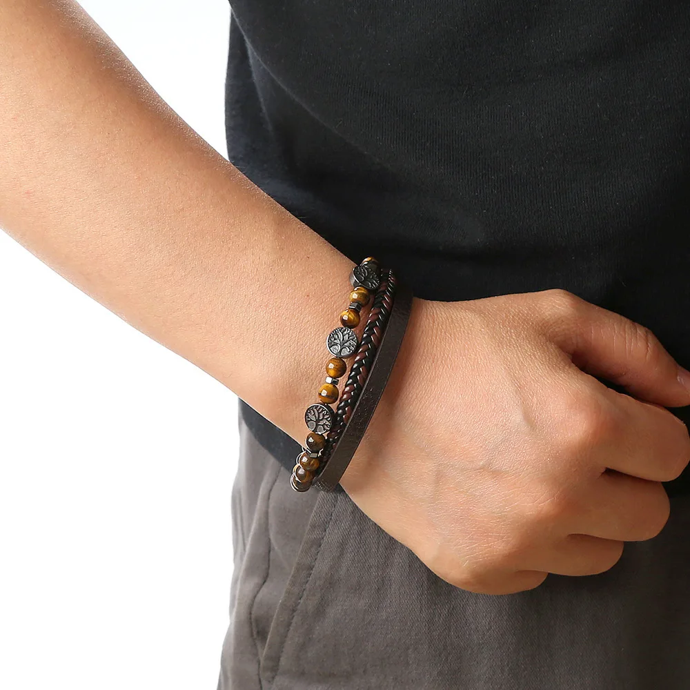 Hot Fashion Beads Leather Bracelet Men Classic Tiger Eye Beaded Multi Layer Leather Bracelet For Men Jewelry 2023 Gift