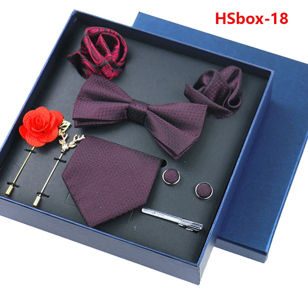 8-piece Set Bussiness Blue Ties For Mans Floral Brooches Pin Cufflinks Tie Clips Butterfly Bowtie Wedding Accessori Gift Box Set