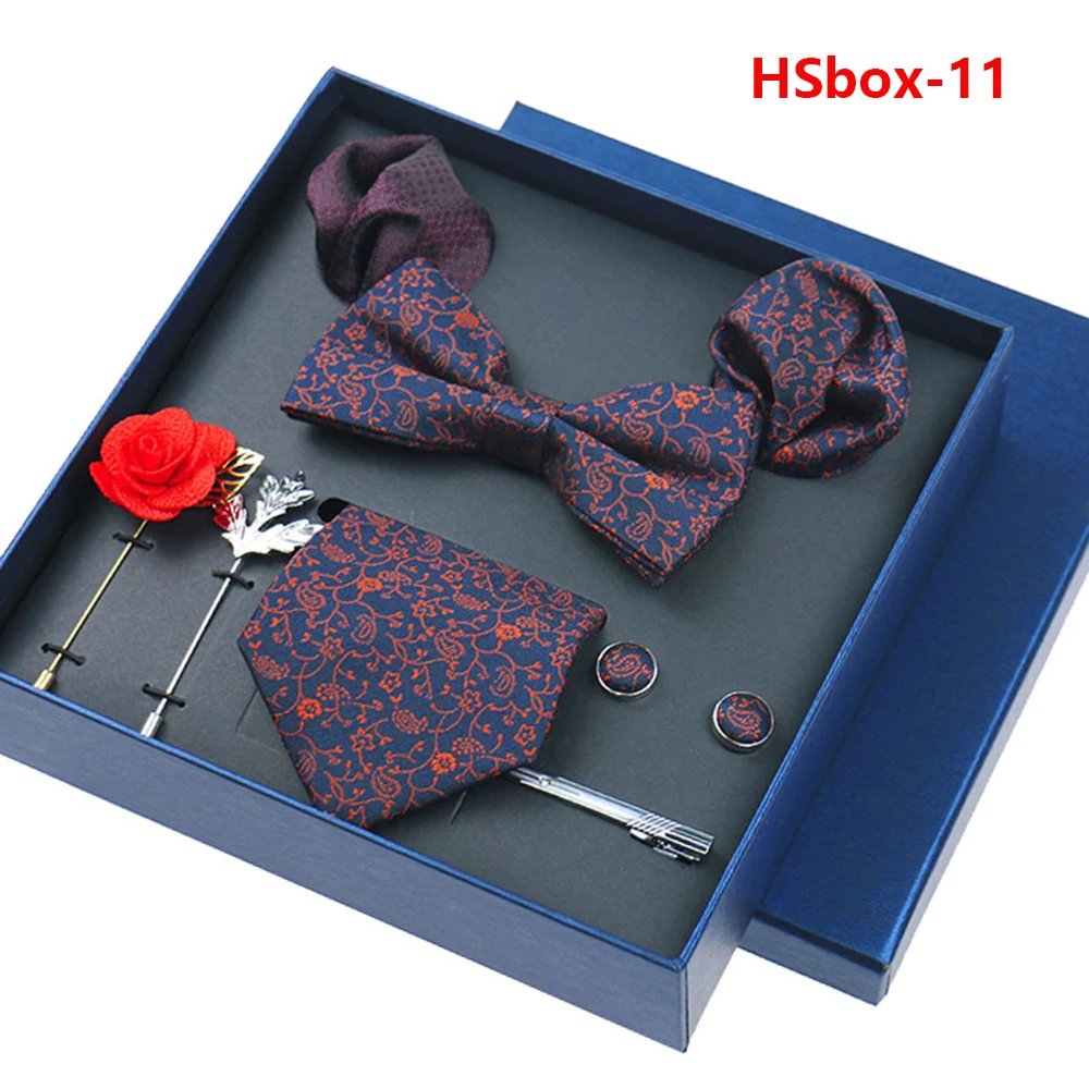 8-piece Set Bussiness Blue Ties For Mans Floral Brooches Pin Cufflinks Tie Clips Butterfly Bowtie Wedding Accessori Gift Box Set