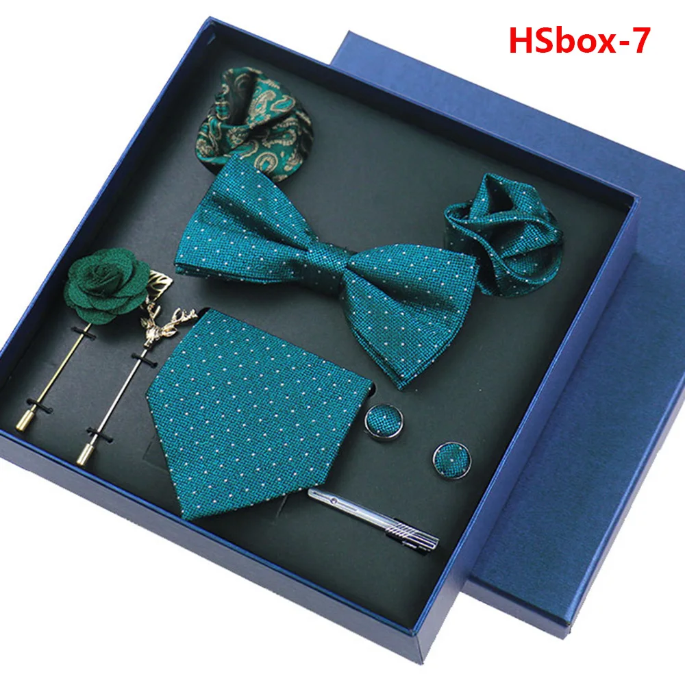 8-piece Set Bussiness Blue Ties For Mans Floral Brooches Pin Cufflinks Tie Clips Butterfly Bowtie Wedding Accessori Gift Box Set