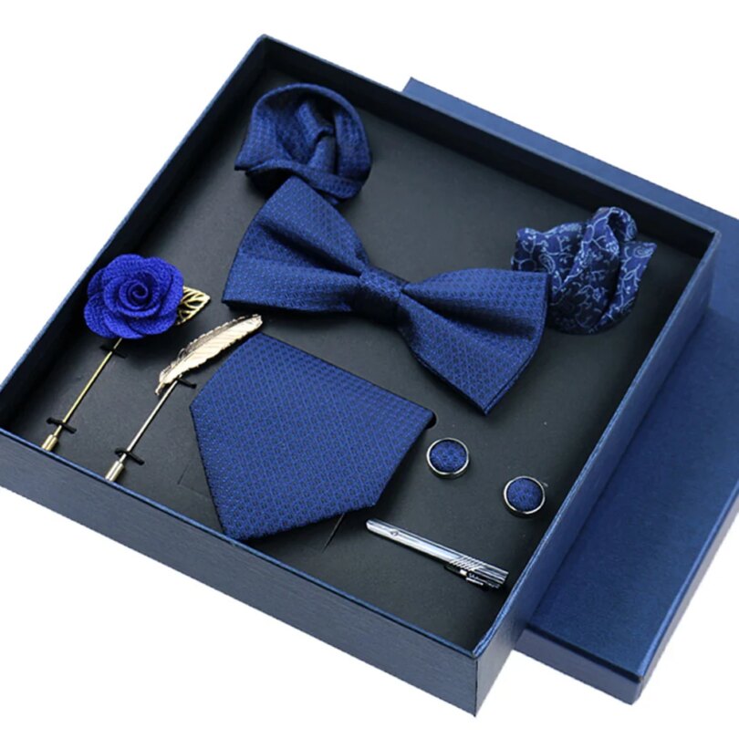 8-piece Set Bussiness Blue Ties For Mans Floral Brooches Pin Cufflinks Tie Clips Butterfly Bowtie Wedding Accessori Gift Box Set - Image 5