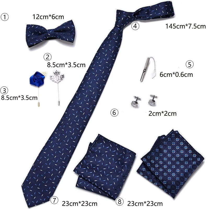 8-piece Set Bussiness Blue Ties For Mans Floral Brooches Pin Cufflinks Tie Clips Butterfly Bowtie Wedding Accessori Gift Box Set