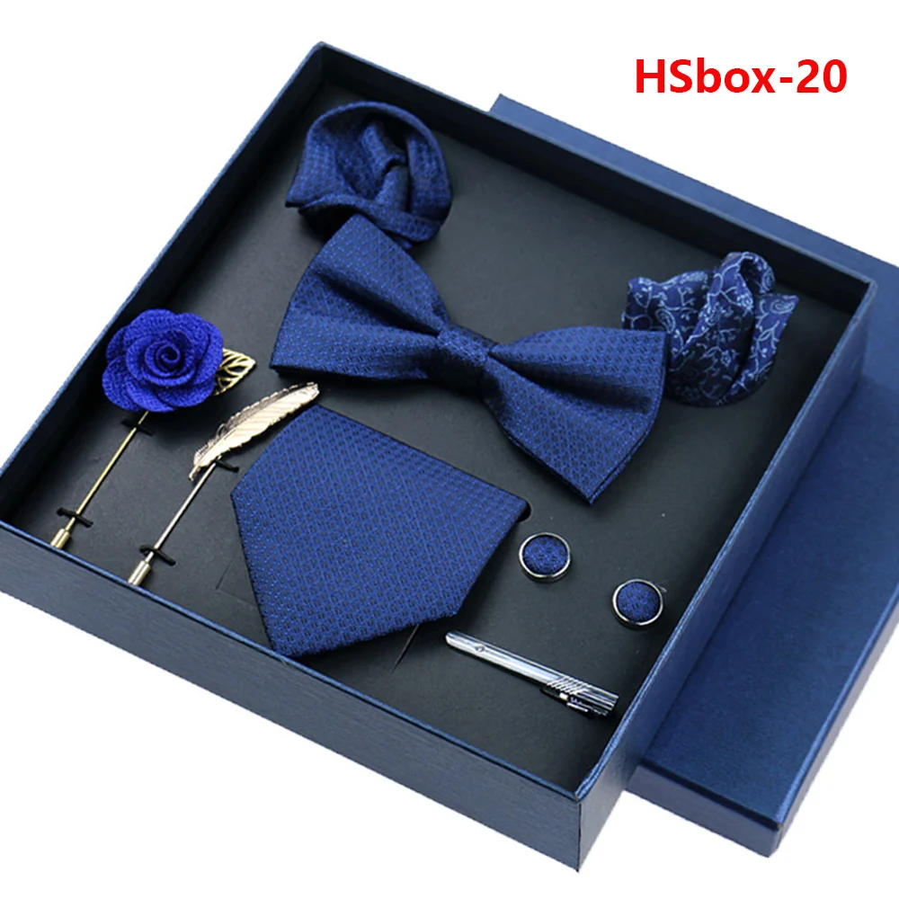 8-piece Set Bussiness Blue Ties For Mans Floral Brooches Pin Cufflinks Tie Clips Butterfly Bowtie Wedding Accessori Gift Box Set