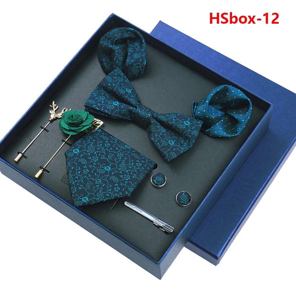 8-piece Set Bussiness Blue Ties For Mans Floral Brooches Pin Cufflinks Tie Clips Butterfly Bowtie Wedding Accessori Gift Box Set