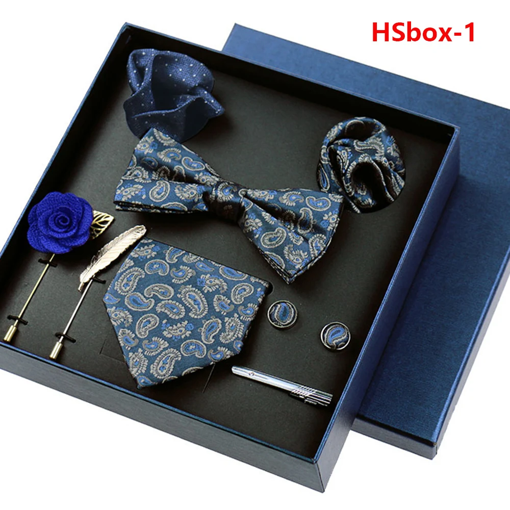 8-piece Set Bussiness Blue Ties For Mans Floral Brooches Pin Cufflinks Tie Clips Butterfly Bowtie Wedding Accessori Gift Box Set