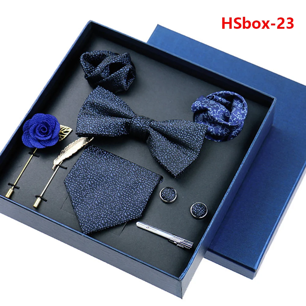 8-piece Set Bussiness Blue Ties For Mans Floral Brooches Pin Cufflinks Tie Clips Butterfly Bowtie Wedding Accessori Gift Box Set