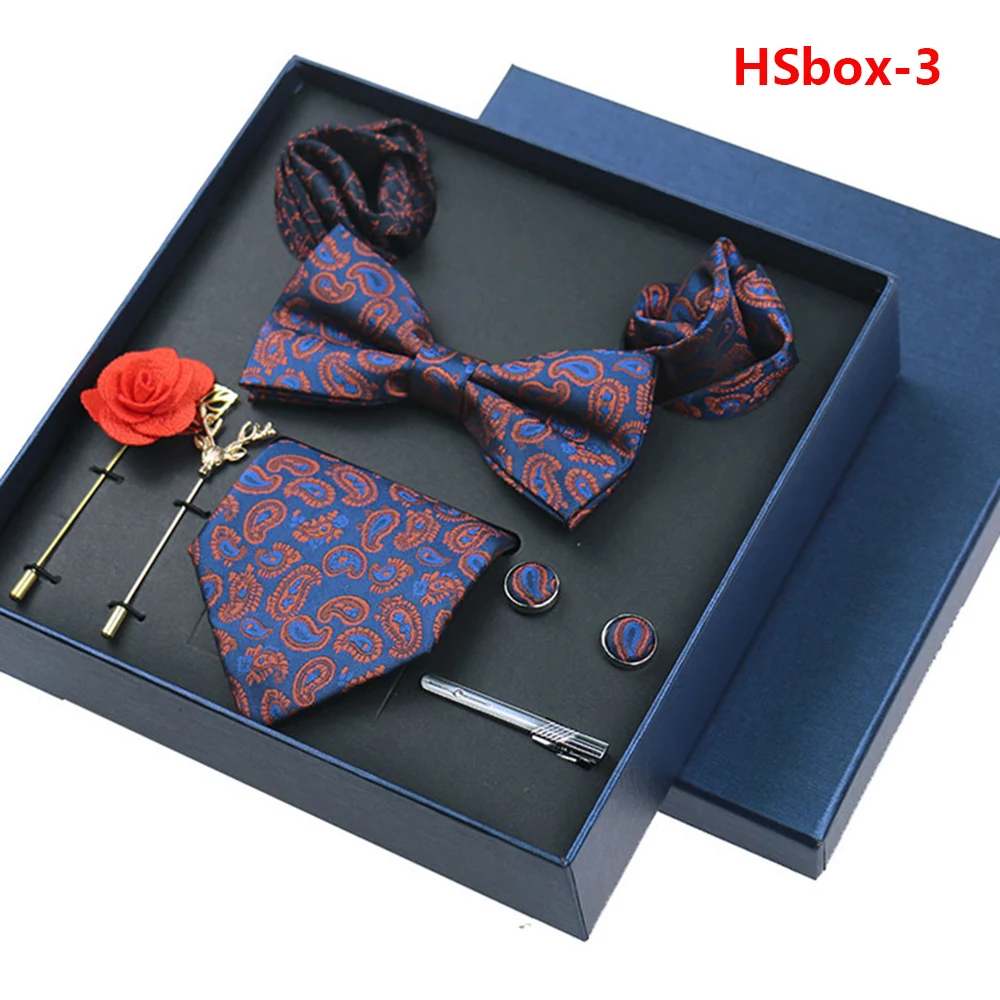 8-piece Set Bussiness Blue Ties For Mans Floral Brooches Pin Cufflinks Tie Clips Butterfly Bowtie Wedding Accessori Gift Box Set