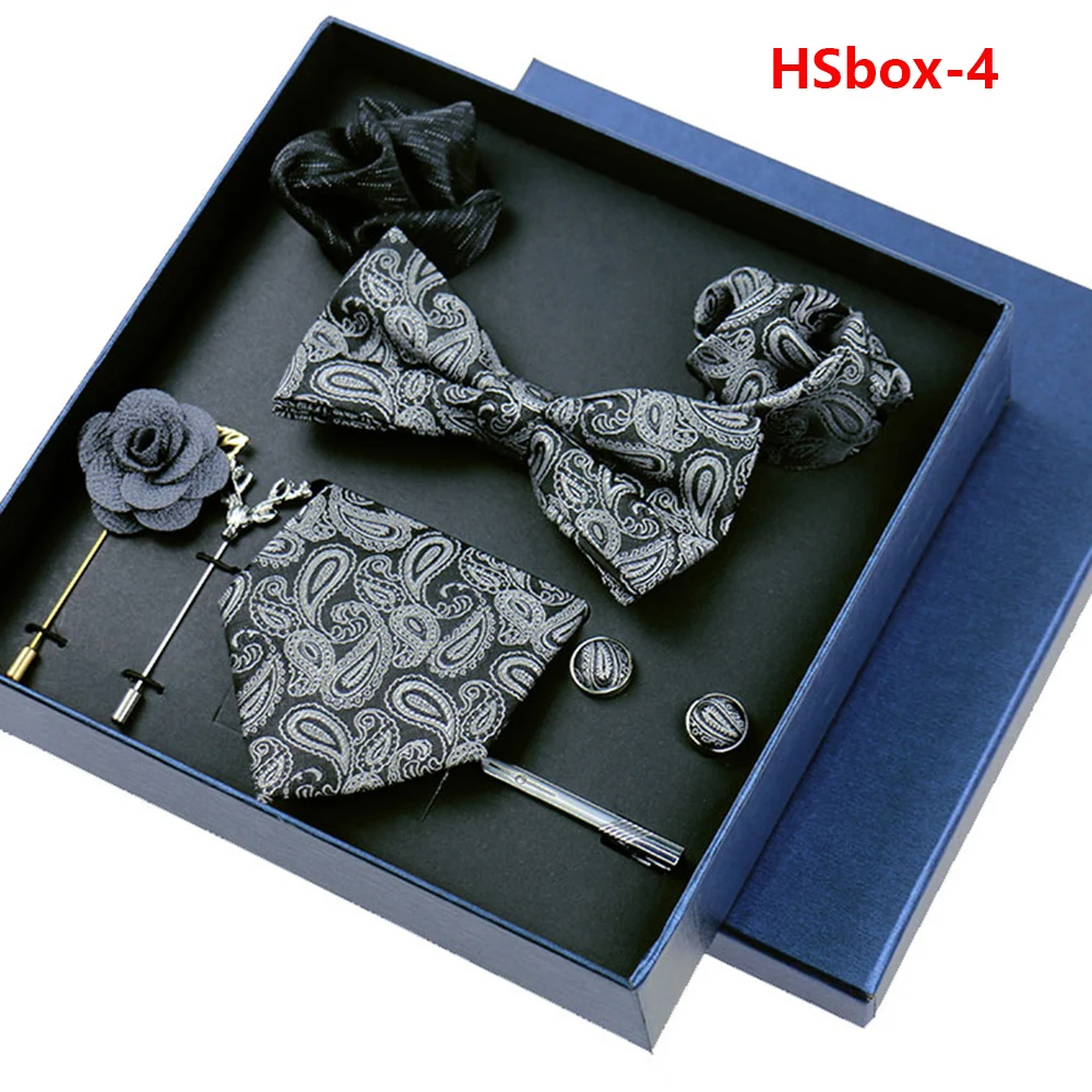 8-piece Set Bussiness Blue Ties For Mans Floral Brooches Pin Cufflinks Tie Clips Butterfly Bowtie Wedding Accessori Gift Box Set