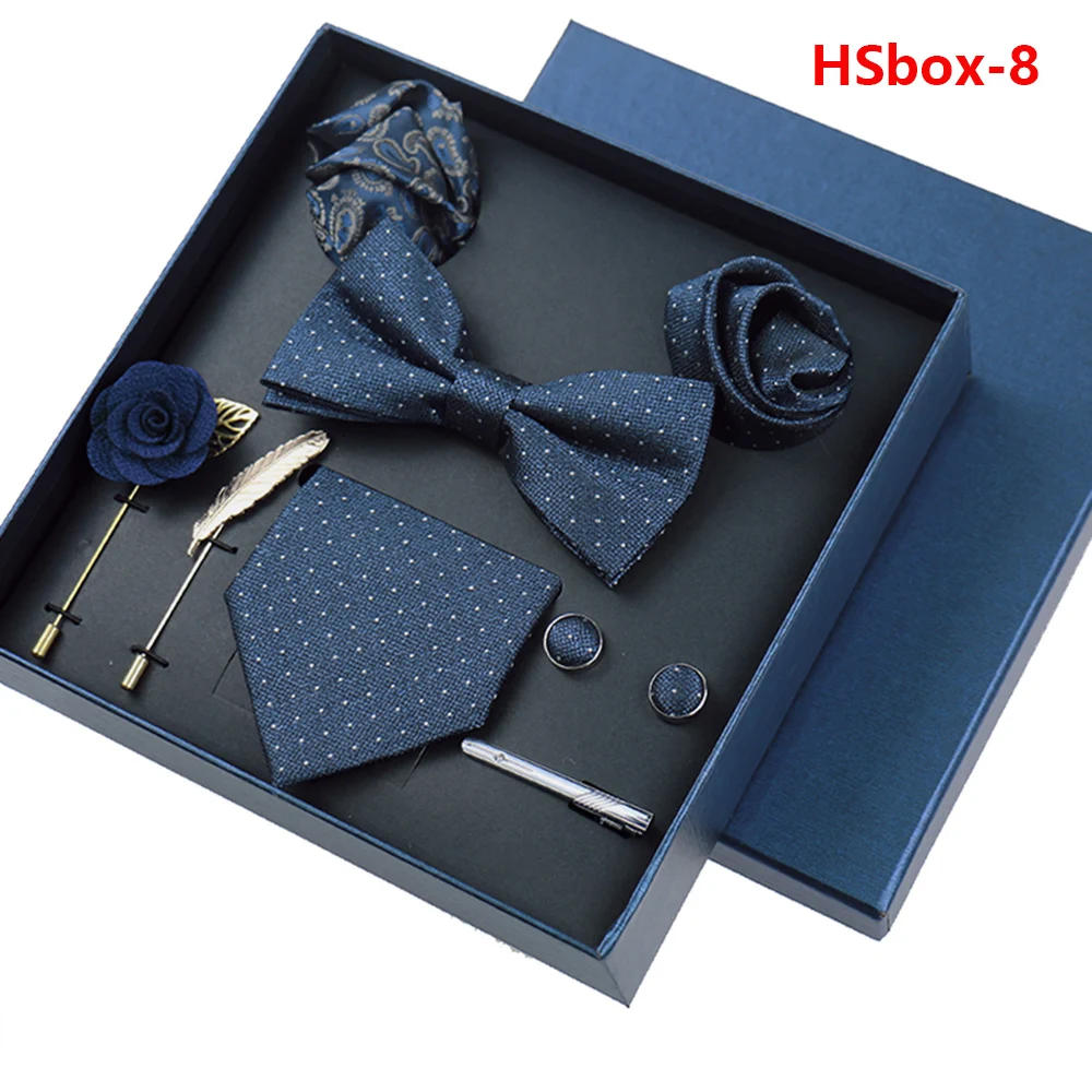 8-piece Set Bussiness Blue Ties For Mans Floral Brooches Pin Cufflinks Tie Clips Butterfly Bowtie Wedding Accessori Gift Box Set