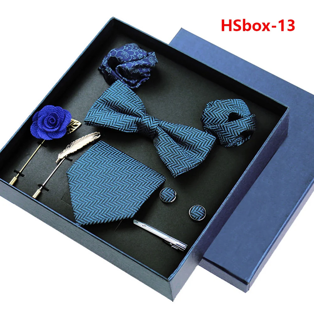 8-piece Set Bussiness Blue Ties For Mans Floral Brooches Pin Cufflinks Tie Clips Butterfly Bowtie Wedding Accessori Gift Box Set