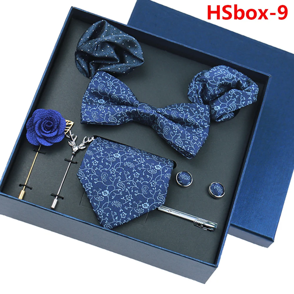 8-piece Set Bussiness Blue Ties For Mans Floral Brooches Pin Cufflinks Tie Clips Butterfly Bowtie Wedding Accessori Gift Box Set