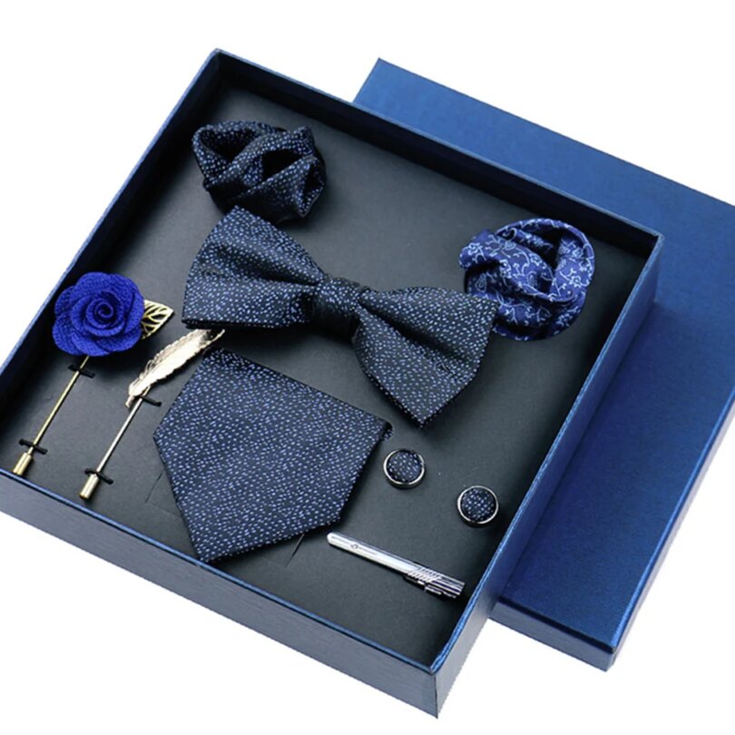 8-piece Set Bussiness Blue Ties For Mans Floral Brooches Pin Cufflinks Tie Clips Butterfly Bowtie Wedding Accessori Gift Box Set - Image 6